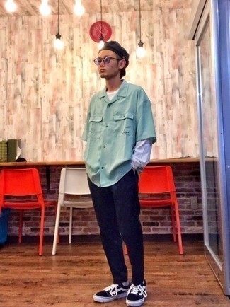 Men's Mint Short Sleeve Shirt, White Long Sleeve T-Shirt, Navy Chinos, Black and White Canvas Low Top Sneakers