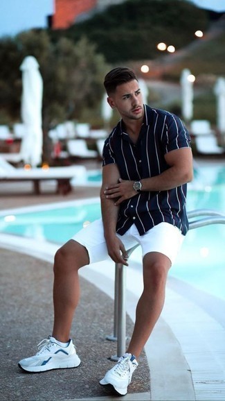 Men's Navy Vertical Striped Short Sleeve Shirt, White Shorts, White and Blue Athletic Shoes, Black Leather Watch