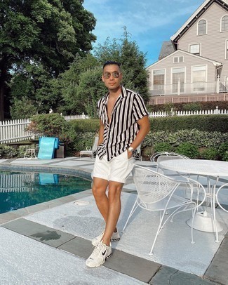 Men's White and Black Vertical Striped Short Sleeve Shirt, White Shorts, White and Black Athletic Shoes, Gold Sunglasses
