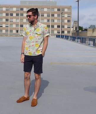 Men's White Floral Short Sleeve Shirt, Navy Shorts, Tobacco Suede Boat Shoes, Brown Sunglasses