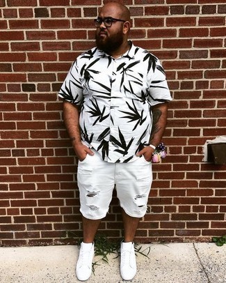 Men's White and Black Print Short Sleeve Shirt, White Ripped Denim Shorts, White Canvas High Top Sneakers, Clear Sunglasses