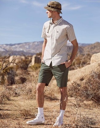 Men's Grey Vertical Striped Short Sleeve Shirt, Dark Green Shorts, White Canvas High Top Sneakers, Olive Camouflage Bucket Hat