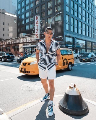 Men's White and Black Vertical Striped Short Sleeve Shirt, White Shorts, White and Blue Canvas High Top Sneakers, Gold Sunglasses