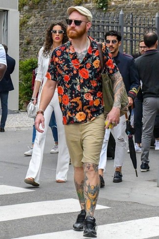 Men's Black Floral Short Sleeve Shirt, Tan Shorts, Black Leather Low Top Sneakers, Olive Canvas Tote Bag