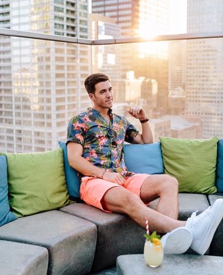 Men's Blue Floral Short Sleeve Shirt, Pink Shorts, White Low Top Sneakers, Dark Brown Sunglasses