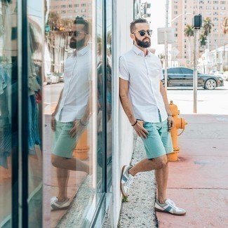 Men's White Short Sleeve Shirt, Mint Shorts, White and Blue Canvas Low Top Sneakers, Navy Sunglasses
