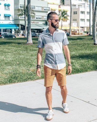 Men's White and Blue Short Sleeve Shirt, Tan Shorts, White and Blue Canvas Low Top Sneakers, Dark Brown Sunglasses