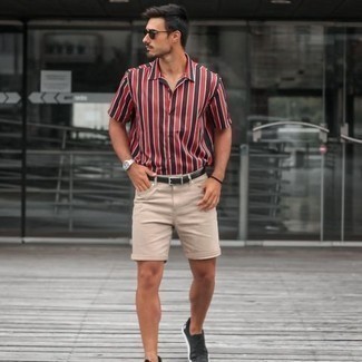 Men's Red Vertical Striped Short Sleeve Shirt, Beige Denim Shorts, Black Canvas Low Top Sneakers, Black Leather Belt