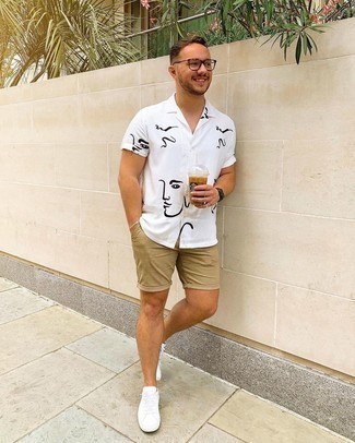Men's White and Black Print Short Sleeve Shirt, Tan Shorts, White Canvas Low Top Sneakers, Clear Sunglasses