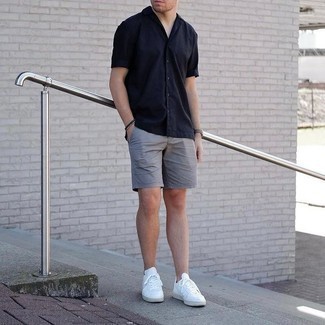 Men's Navy Short Sleeve Shirt, Grey Shorts, White Canvas Low Top Sneakers, Brown Leather Watch