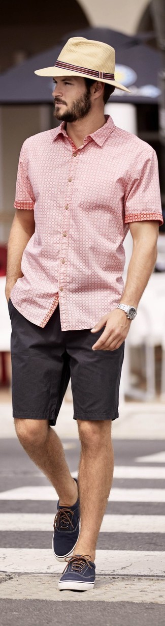 Men's Pink Short Sleeve Shirt, Black Shorts, Navy Plimsolls, Tan Straw Hat