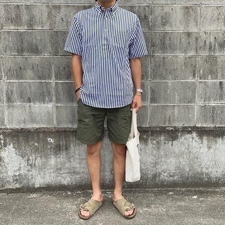 Men's White and Navy Vertical Striped Short Sleeve Shirt, Olive Shorts, Tan Suede Sandals, White and Black Print Canvas Tote Bag