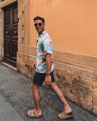 Tan Suede Sandals Outfits For Men: Pair a light blue print short sleeve shirt with black shorts for an everyday outfit that's full of charm and character. Change up this outfit by finishing off with tan suede sandals.