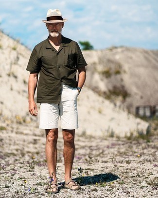 Men's Olive Short Sleeve Shirt, White Shorts, Tan Suede Sandals, Beige Straw Hat
