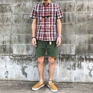 Men's Multi colored Plaid Short Sleeve Shirt, Olive Shorts, Tan Canvas Slip-on Sneakers, Black Sunglasses