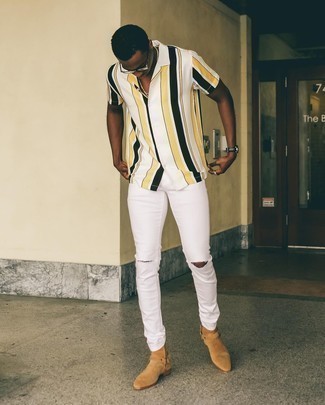 Men's White Vertical Striped Short Sleeve Shirt, White Ripped Skinny Jeans, Tan Suede Chelsea Boots, Gold Sunglasses