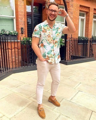 Men's White Floral Short Sleeve Shirt, Beige Skinny Jeans, Tan Suede Loafers, Clear Sunglasses
