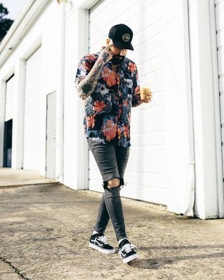 Men's Navy Floral Short Sleeve Shirt, Charcoal Ripped Skinny Jeans, Black and White Canvas Low Top Sneakers, Black and White Print Baseball Cap