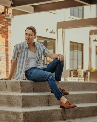 White Tank Outfits For Men: Go for a white tank and navy jeans to feel 100% confident in yourself and look seriously stylish. Brown suede tassel loafers will breathe a dose of elegance into an otherwise mostly casual ensemble.