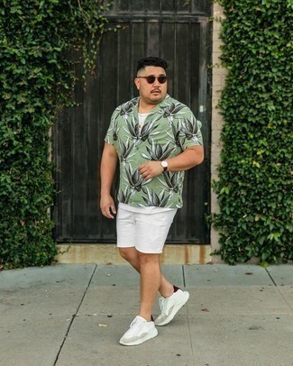 White and Black Athletic Shoes Outfits For Men: Consider wearing a mint floral short sleeve shirt and white denim shorts for relaxed dressing with a modern take. A pair of white and black athletic shoes will easily tone down a polished getup.