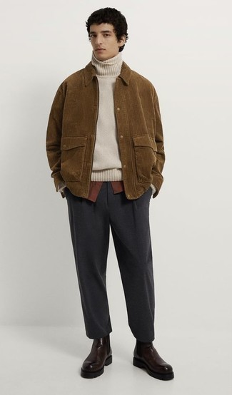 Men's Charcoal Chinos, Brown Short Sleeve Shirt, White Wool Turtleneck, Brown Corduroy Shirt Jacket