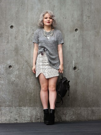 Women's Grey Short Sleeve Sweater, Grey Snake Leather Mini Skirt, Black Suede Ankle Boots, Black Leather Backpack