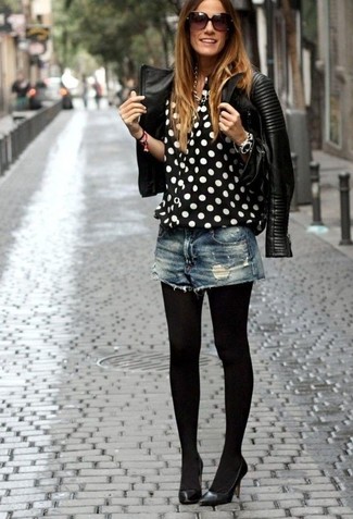 Women's Black Leather Pumps, Navy Denim Shorts, Black and White Polka Dot Silk Button Down Blouse, Black Quilted Leather Biker Jacket