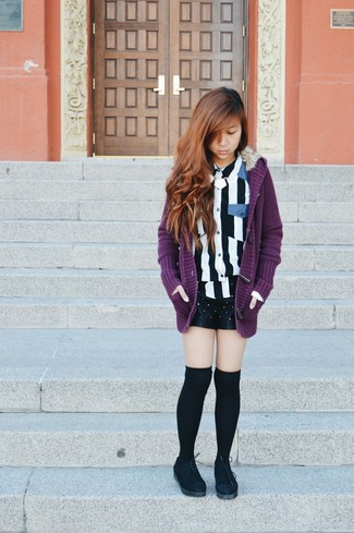 Women's Black Suede Oxford Shoes, Black Studded Leather Shorts, White and Black Vertical Striped Button Down Blouse, Purple Knit Cardigan