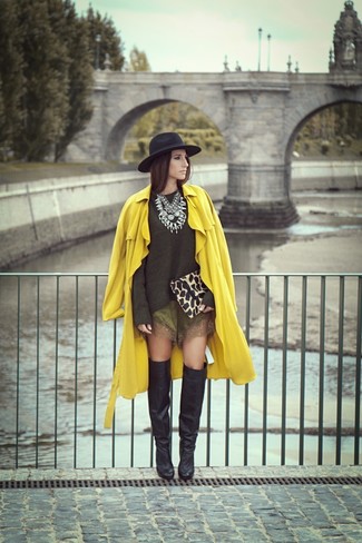 Women's Black Leather Over The Knee Boots, Olive Silk Shorts, Olive Crew-neck Sweater, Yellow Trenchcoat