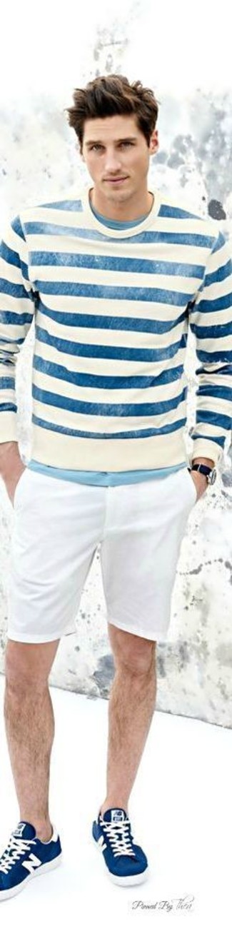 White and Blue Horizontal Striped Crew-neck Sweater Outfits For Men: 