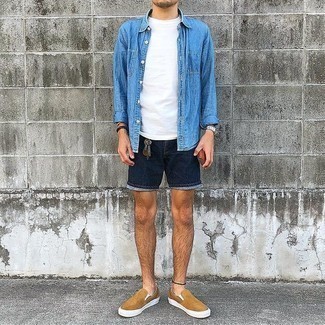 Men's Tan Canvas Slip-on Sneakers, Navy Denim Shorts, White Crew-neck T-shirt, Light Blue Denim Shirt