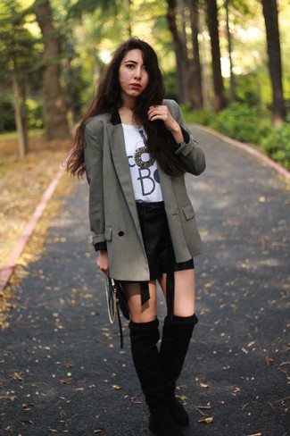 Women's Black Suede Knee High Boots, Black Leather Shorts, White and Black Print Crew-neck T-shirt, Grey Double Breasted Blazer
