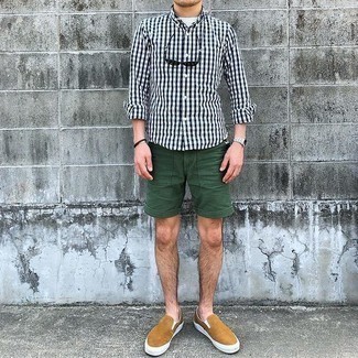 Men's Tan Canvas Slip-on Sneakers, Dark Green Shorts, White Crew-neck T-shirt, White and Black Gingham Long Sleeve Shirt