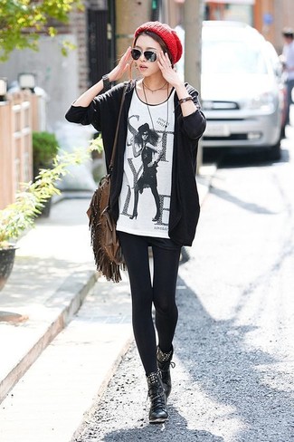 Women's Black Leather Lace-up Flat Boots, Black Shorts, White and Black Print Crew-neck T-shirt, Black Open Cardigan