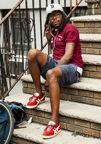 Burgundy Print Polo Outfits For Men: 