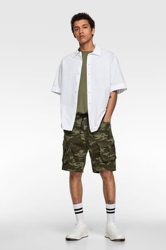 Men's White Leather Low Top Sneakers, Olive Camouflage Shorts, Olive Crew-neck T-shirt, White Short Sleeve Shirt