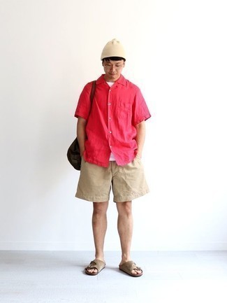Men's Brown Suede Sandals, Beige Shorts, White Crew-neck T-shirt, Hot Pink Short Sleeve Shirt