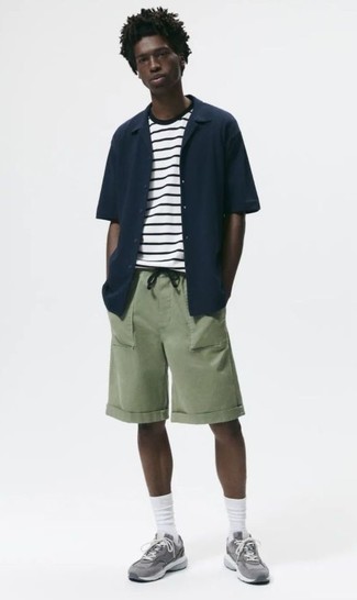 Men's Grey Athletic Shoes, Olive Shorts, White and Black Horizontal Striped Crew-neck T-shirt, Navy Short Sleeve Shirt