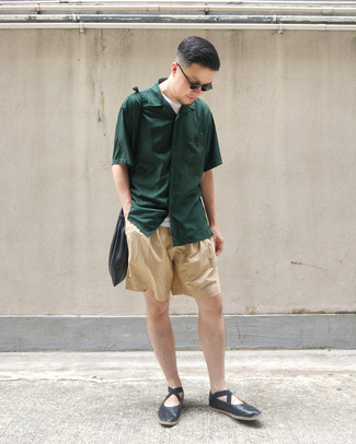 Men's Black Leather Loafers, Tan Shorts, White Crew-neck T-shirt, Dark Green Short Sleeve Shirt