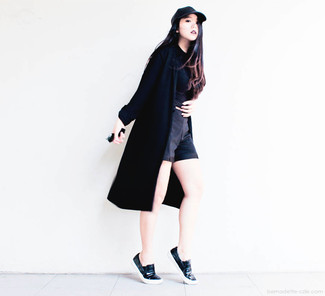 Women's Black Leather Slip-on Sneakers, Black Shorts, Black Cropped Top, Black Duster Coat
