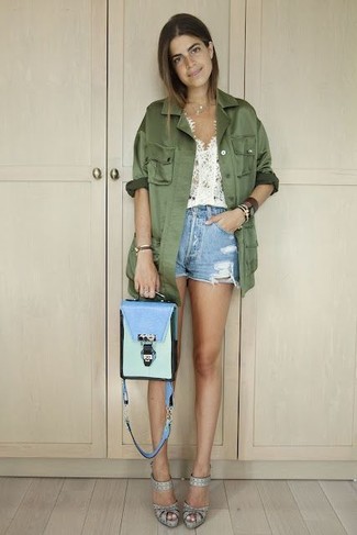 Women's Grey Leather Heeled Sandals, Light Blue Denim Shorts, White Crochet Cropped Top, Olive Military Jacket