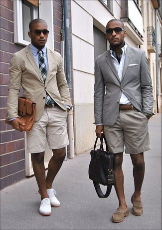 Men's Brown Suede Loafers, Grey Shorts, White Dress Shirt, Grey Blazer
