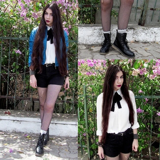 Women's Black Leather Lace-up Flat Boots, Black Shorts, White Dress Shirt, Blue Leather Bomber Jacket