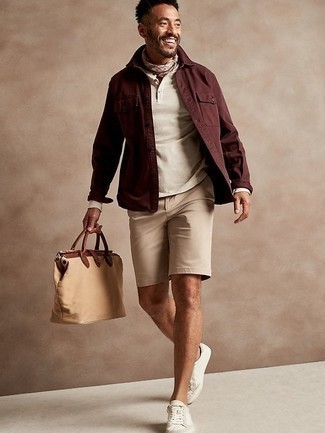 Beige Long Sleeve Henley Shirt Outfits For Men: 