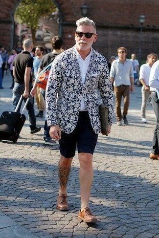 Nick Wooster wearing Brown Leather Derby Shoes, Navy Shorts, White Long Sleeve Shirt, Navy and White Floral Blazer
