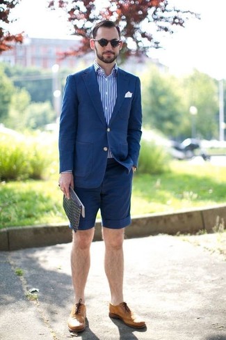 Men's Tan Leather Brogues, Navy Shorts, White and Blue Vertical Striped Long Sleeve Shirt, Blue Cotton Blazer
