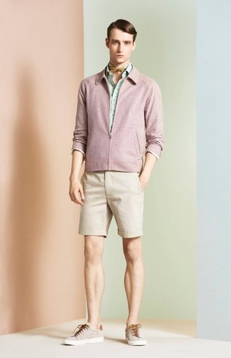 Men's Beige Low Top Sneakers, Beige Shorts, Mint Print Long Sleeve Shirt, Pink Bomber Jacket