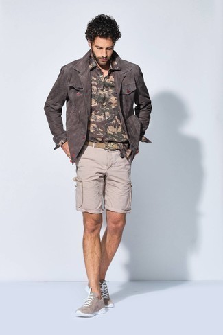 Men's Tan Athletic Shoes, Beige Shorts, Dark Brown Camouflage Long Sleeve Shirt, Dark Brown Suede Shirt Jacket
