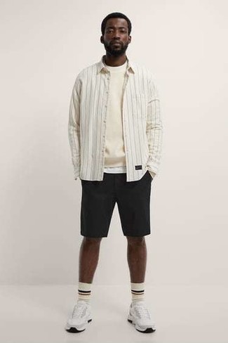 Men's White Athletic Shoes, Black Shorts, White Vertical Striped Long Sleeve Shirt, Beige Sweatshirt