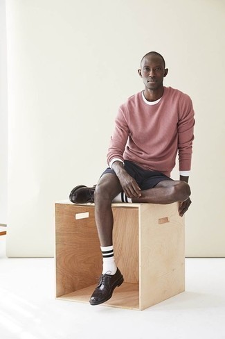 Men's Dark Brown Leather Derby Shoes, Charcoal Shorts, White Long Sleeve T-Shirt, Pink Crew-neck Sweater